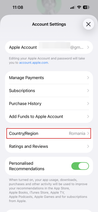 Changing the country/region from Account Settings on iPhone. 