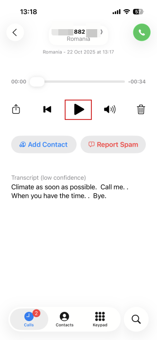 Replay voice message after screening call on iPhone. 