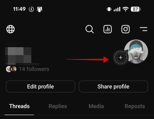 Tapping + bubble on Threads profile on Android. 