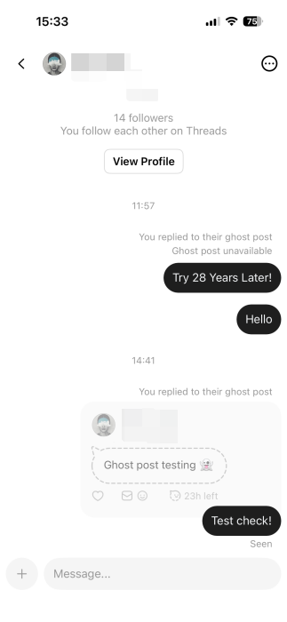 Viewing replies to Ghosts posts via DMs in Threads app. 