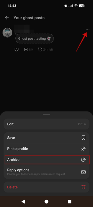 Manually archiving a Ghost post in Threads app on Android.