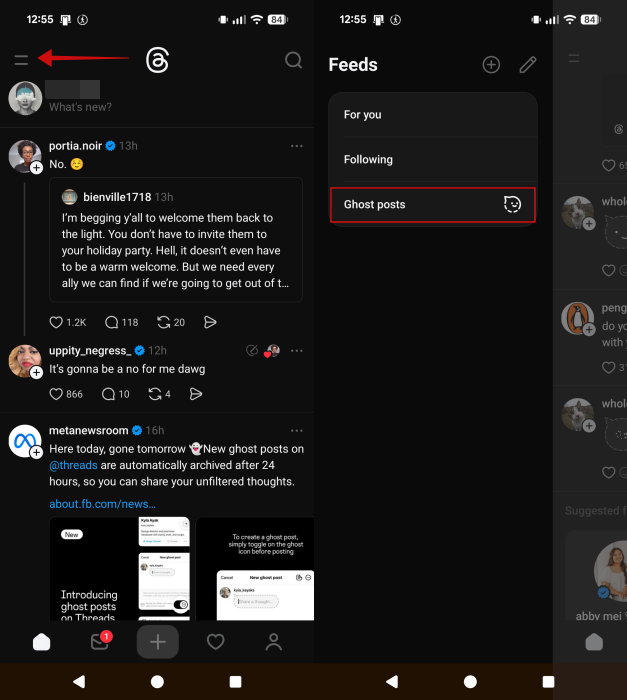 Accessing "Ghost posts" feed in Threads app. 