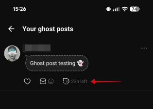Checking status of Ghost post in Threads app on Android.