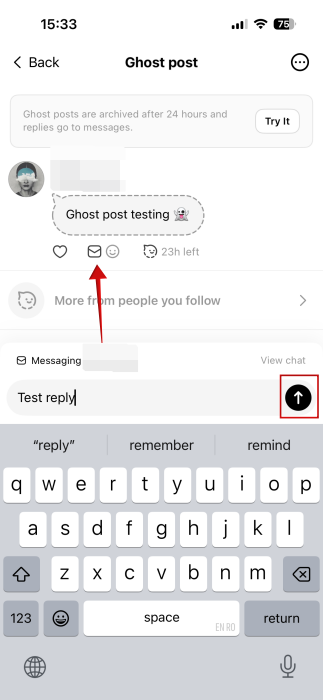 Tapping letter icon to send reply to Ghost post on Threads.