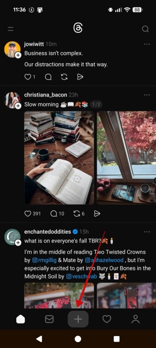 Tapping plus button in Threads app on Android.