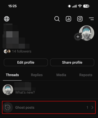 Viewing "Ghost posts" on Threads account profile page. 