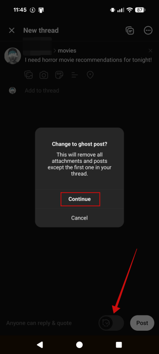 Switching on Ghost post toggle in "New thread" screen in Threads app on Android. 