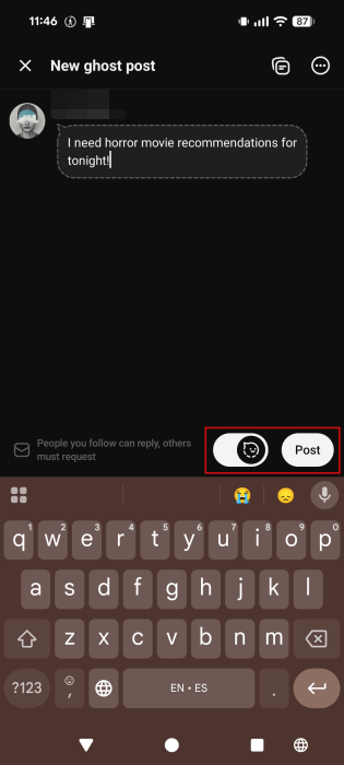 Creating new Ghost post in Threads app on Android.