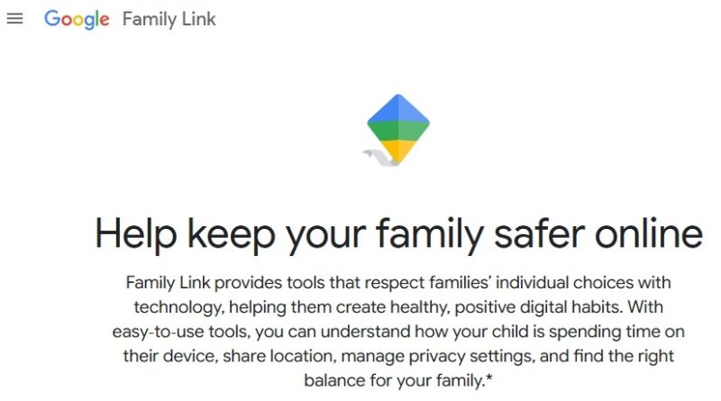 Google Family Link start page.
