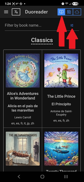 Switching between books and news articles. Also accessing filters.