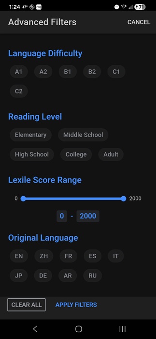 Applying filters in Duoreader.