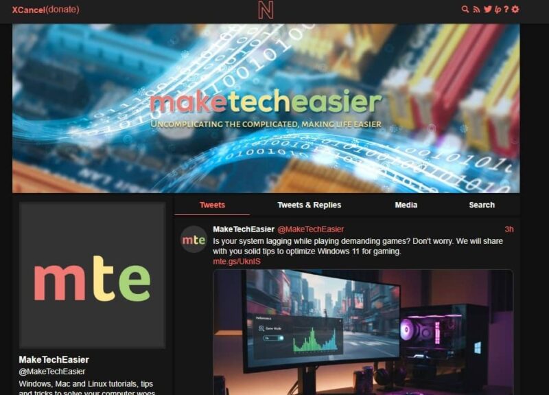 MakeTechEasier's profile page on XCancel.