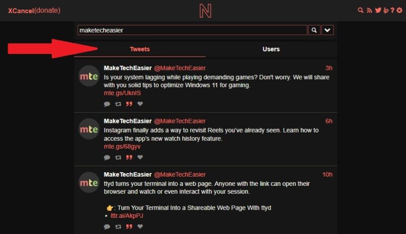 Filtering search results on XCancel.