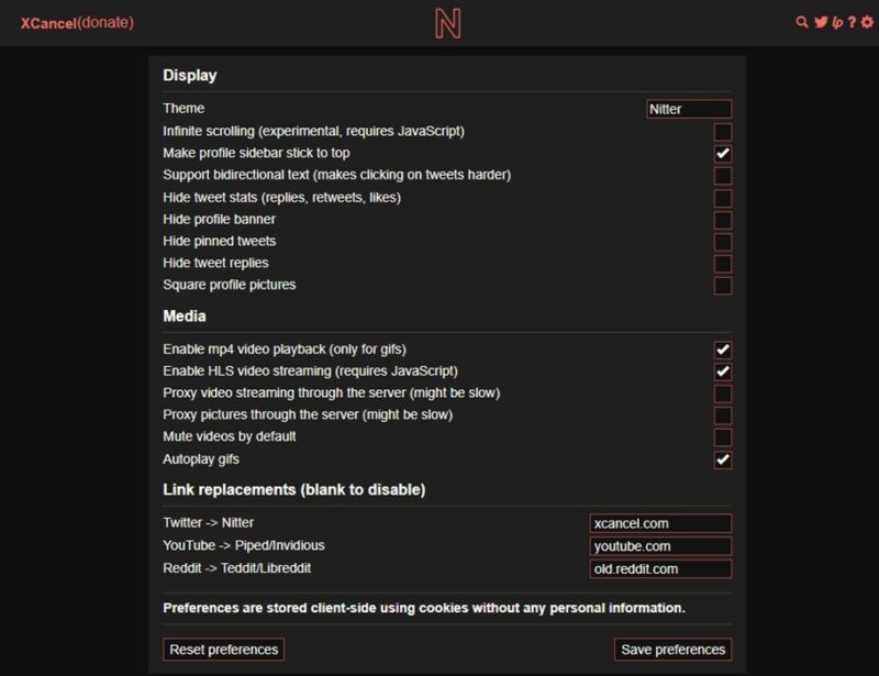 Changing XCancel settings to browse X anonymously.