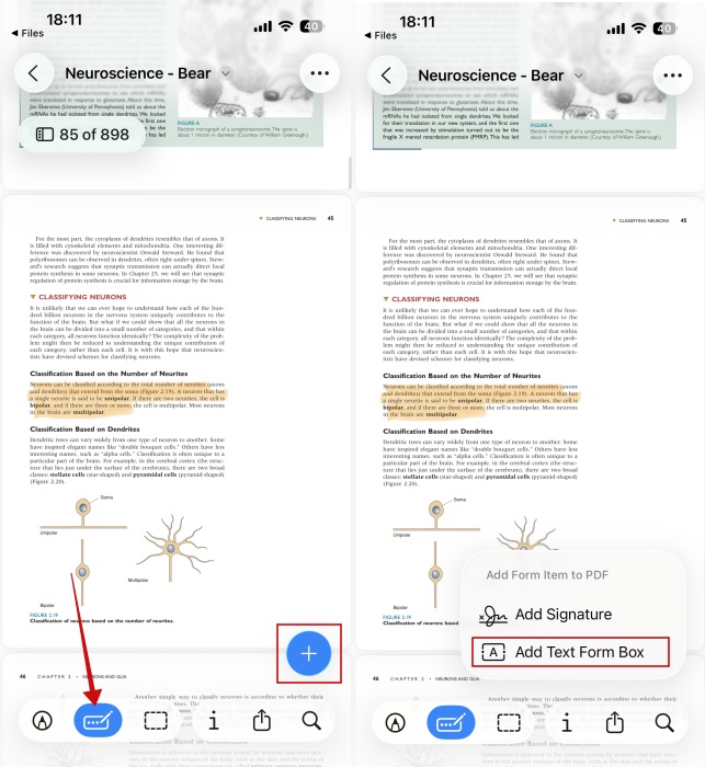 Opting for option to "Add Text Form Box" for PDF in Preview app on iPhone. 