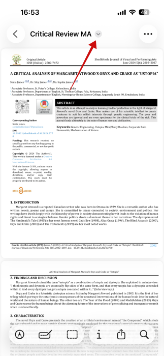 Pressing arrow next to PDF name in Preview app on iPhone. 