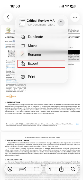 Tapping "Export" option for PDF in Preview app on iPhone. 