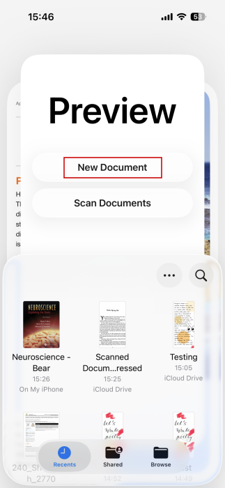 Tapping "New Document" in Preview app on iPhone. 