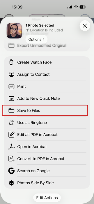 Tapping on "Save to Files" option for image on iPhone. 