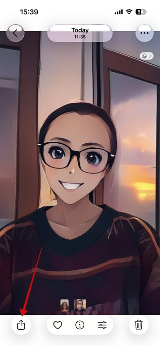 Tapping on "Share" button in Photos app on iPhone. 