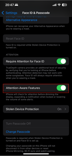 Iphone Settings Attention Aware