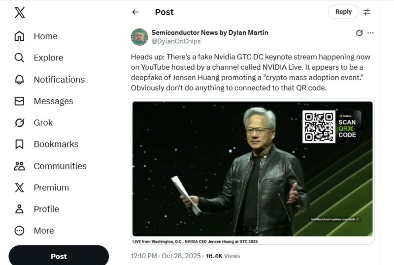 X post from Dylan Martin about the live deepfake video.
