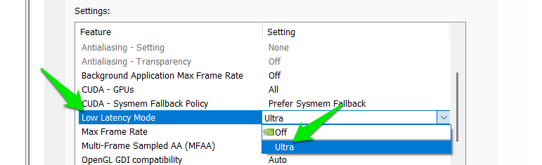 Nvidia Control Panel Low Lantecy Mode setting on Ultra