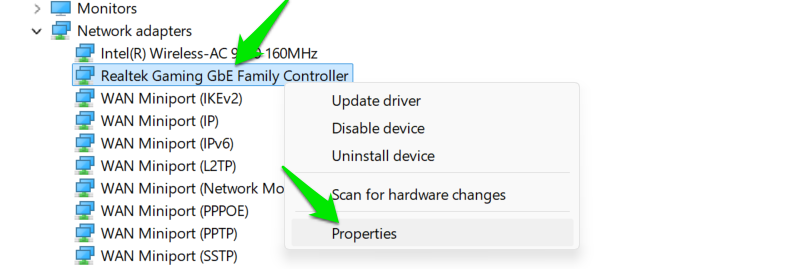 Network Properties in Device Manager