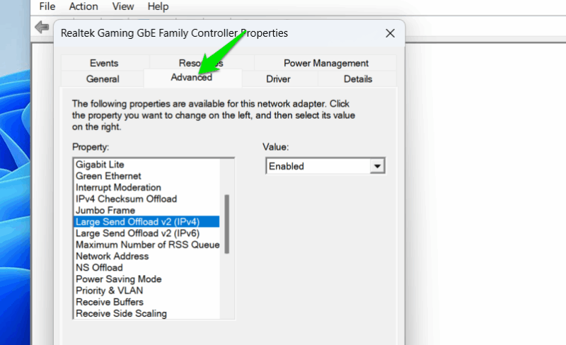 Showing Network Advanced Settings of NIC