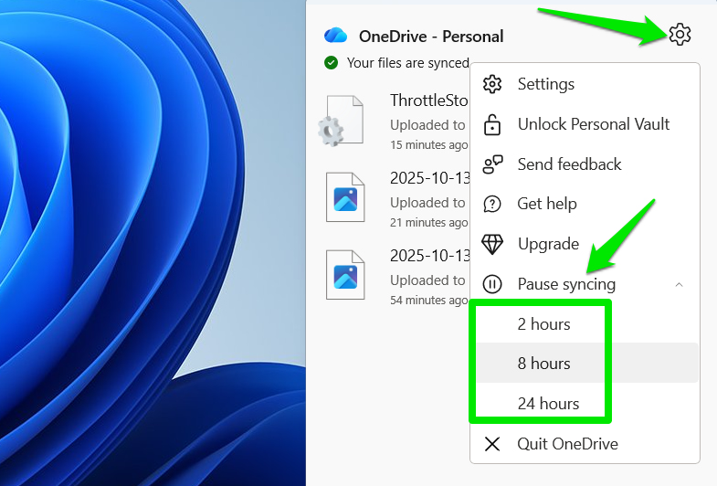 Pausing Onedrive Sync in settings
