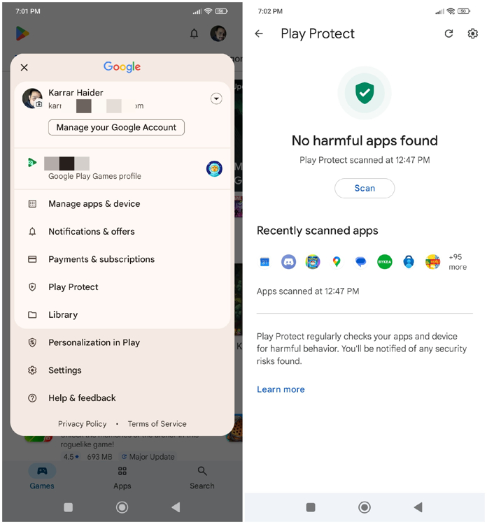 Google Play Protect Scan page