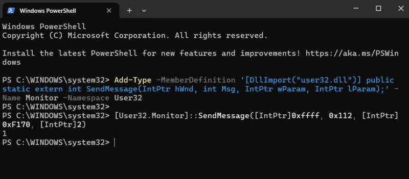 Turn off display command running in PowerShell