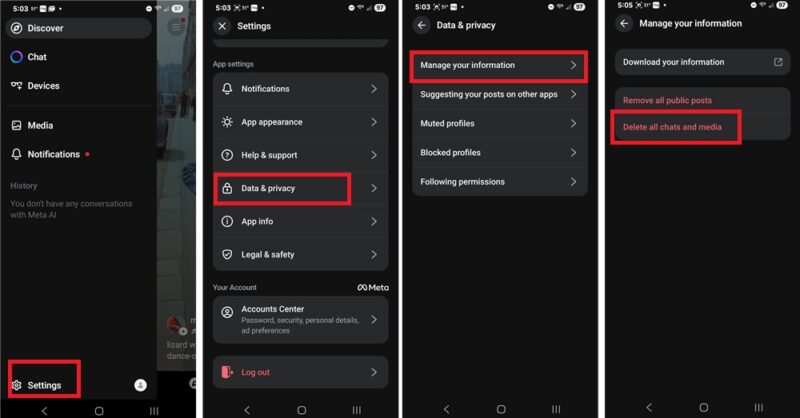 Deleting Meta AI chats and media.
