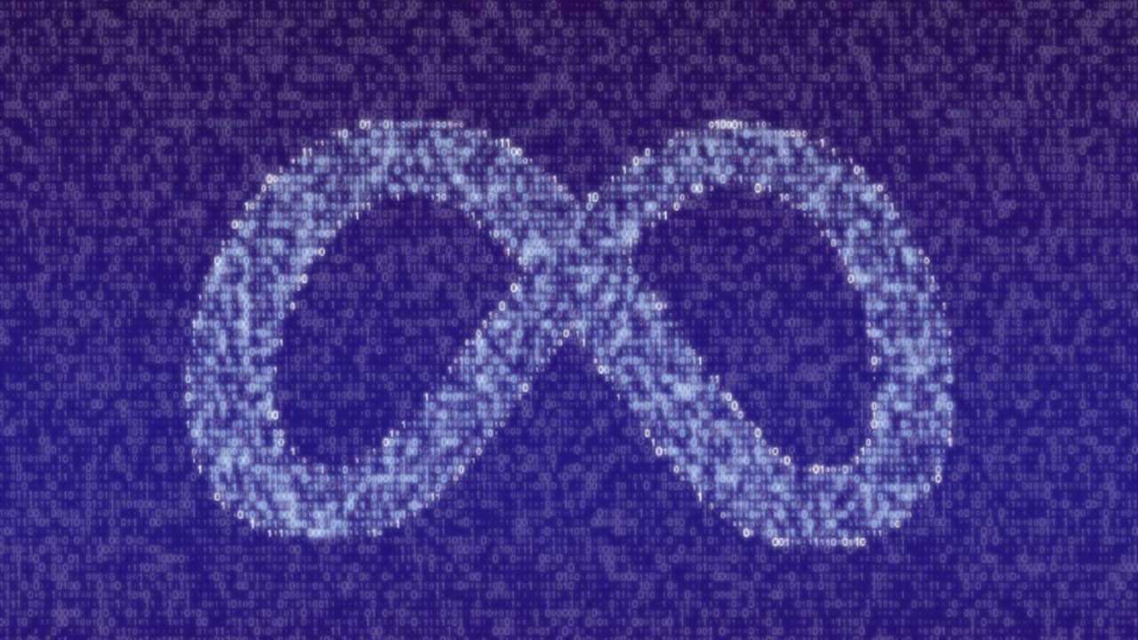 Meta AI logo made up of numerous pixels.