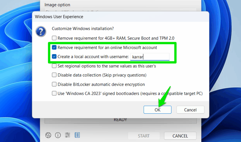Rufus showing Windows 11 customization options