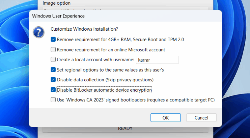 Rufus Customization Options page showing checked options