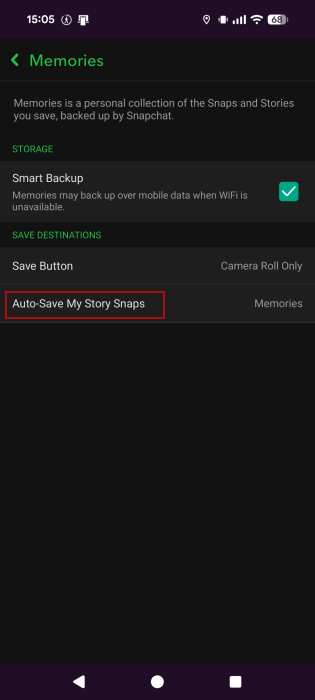 Selecting "Auto-Save My Story Snaps" option in Snapchat Settings.