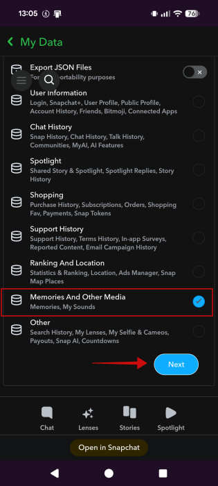 Selecting only "Memories" for download in Snapchat app.