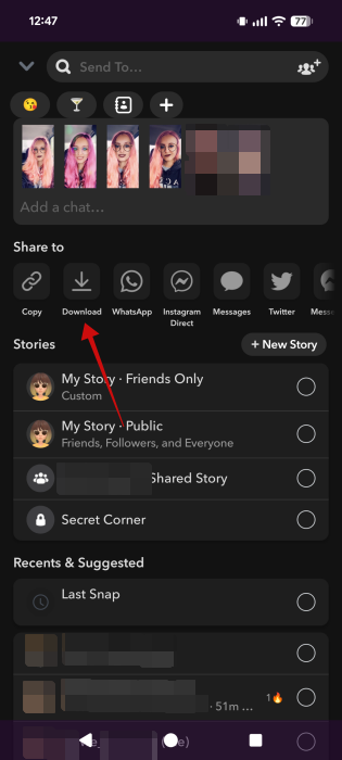 Tapping "Download" for images in bulk in Snapchat app.