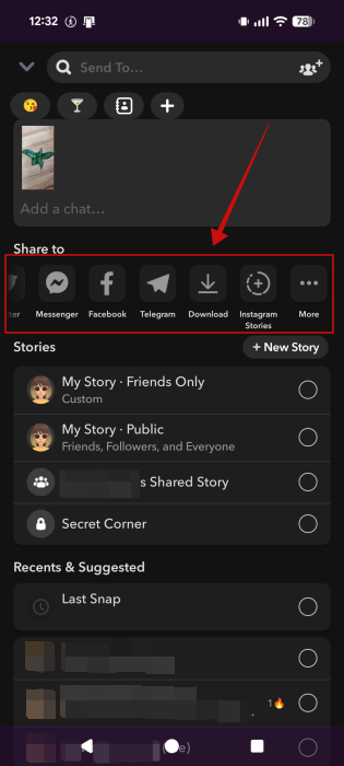 Selecting "Download" option for individual snap in Snapchat app.