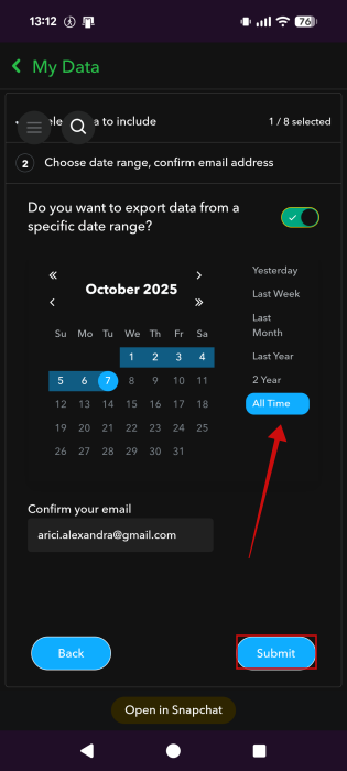 Opting to download ALL Memories in Snapchat app.