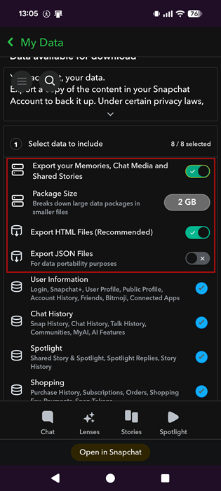 "Export as" options for "My Data" in Snapchat app.