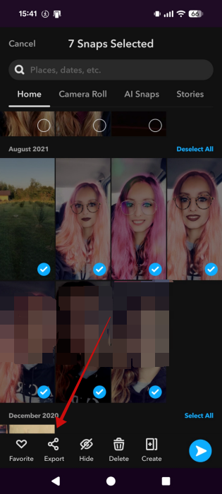 Selecting "Export" option for multiple Memories in Snapchat.
