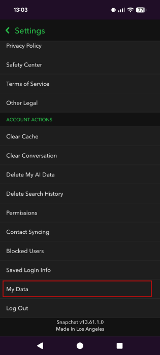 Tapping on "My Data" in Snapchat Settings page.