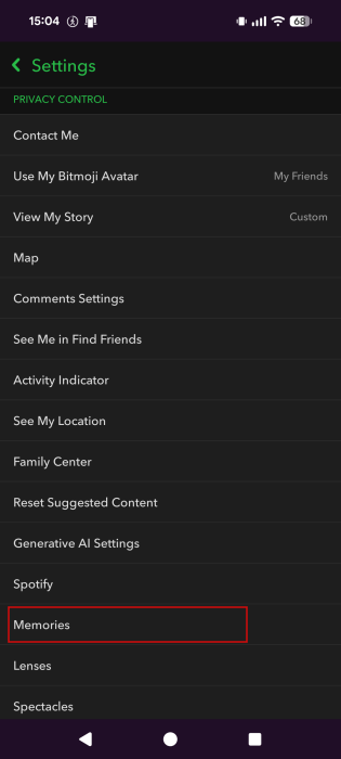Tapping on "Memories" in Snapchat Settings.