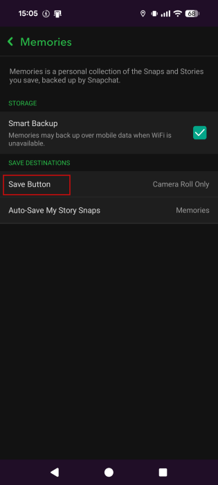 Selecting "Save Button" in Snapchat Settings.