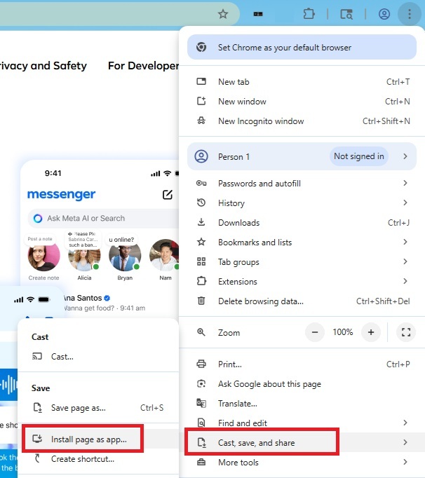 Installing Messenger PWA in Chrome.
