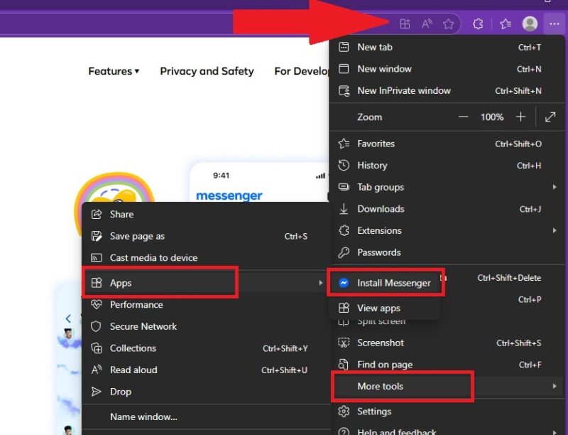 Installing Messenger PWA in Edge.