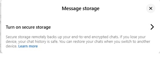 Turning on secure storage in Messenger.