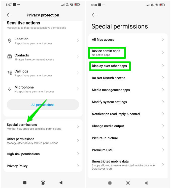 list of Special Permissions in Android Settings